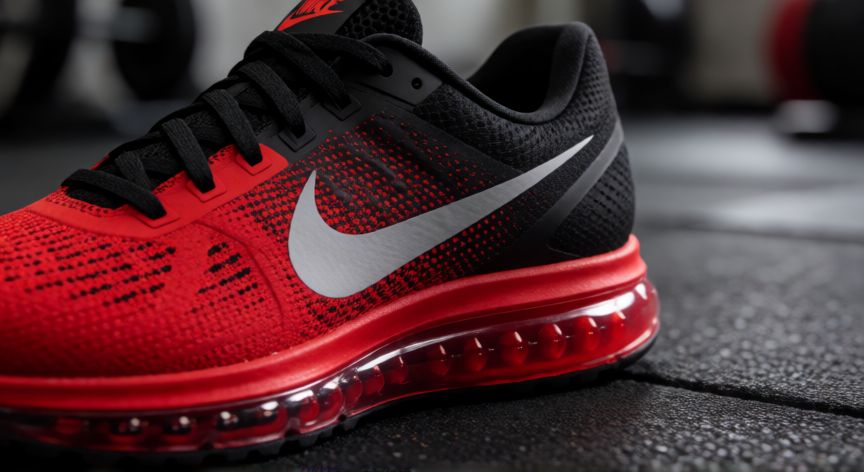 que es mejor para correr nike o adidas, Detalle de una zapatilla de correr Nike roja y negra mostrando la amortiguación