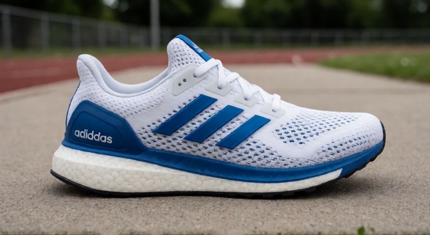 que es mejor para correr nike o adidas, Zapatilla de correr Adidas blanca con tecnología Boost sobre una pista de atletismo
