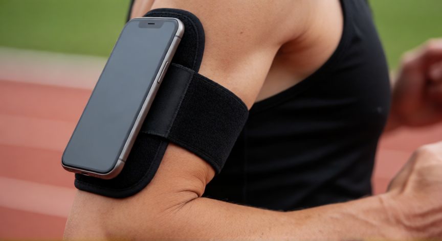 que es mejor para correr riñonera o brazalete, Primer plano de un brazalete deportivo ajustado al antebrazo sujetando un teléfono móvil