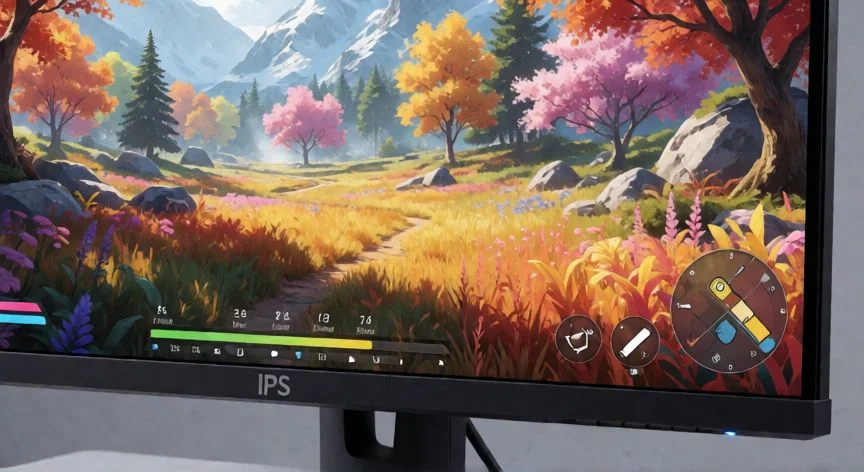 Monitor gaming IPS mostrando colores vivos en un videojuego de mundo abierto