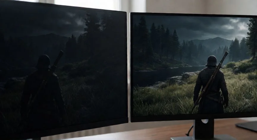Comparativa visual de monitores con paneles VA e IPS mostrando diferencias en contraste y color