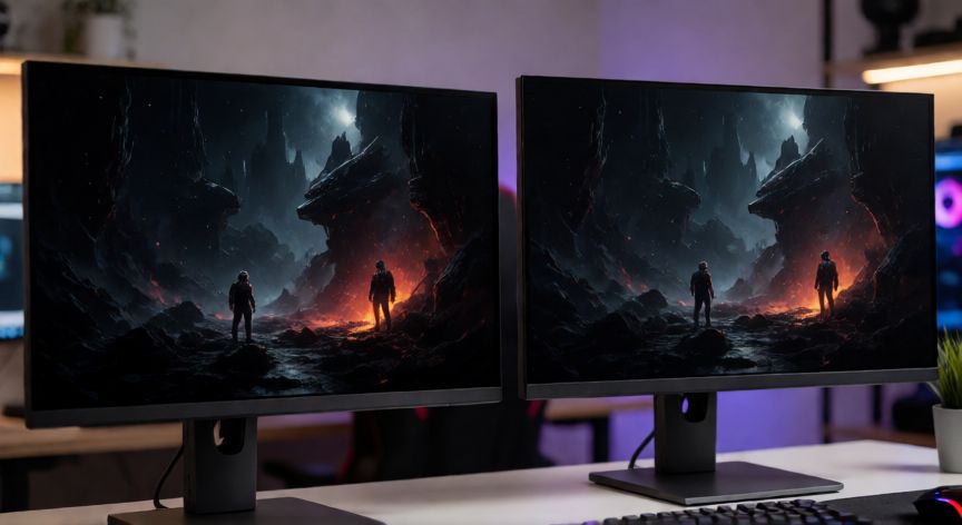 Comparativa visual de monitores OLED y QLED mostrando diferencias en contraste y brillo