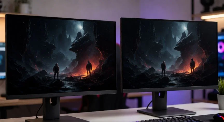 Comparativa visual de monitores OLED y QLED mostrando diferencias en contraste y brillo