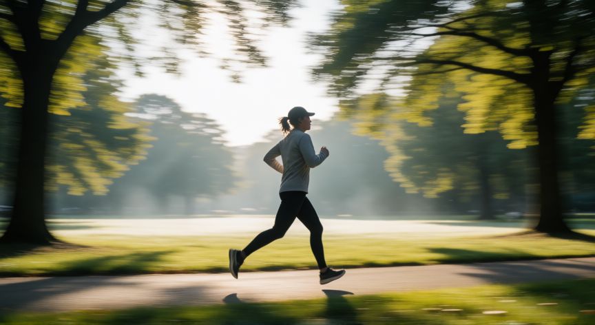 que es mejor para quemar grasa andar o correr, Persona corriendo por un parque soleado por la mañana