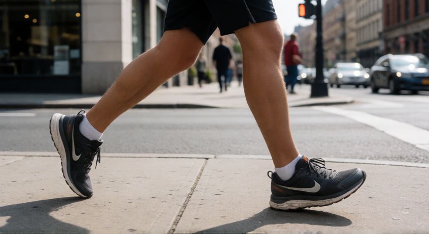 que es mejor para quemar grasa andar o correr, Primer plano de piernas caminando rápido en una acera urbana