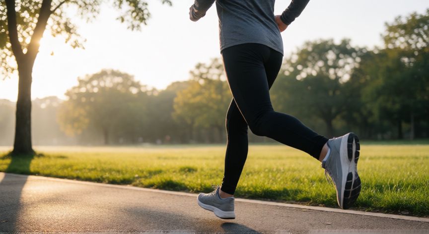 que es mejor para quemar grasa correr o bicicleta, Persona corriendo en un parque al amanecer para quemar grasa