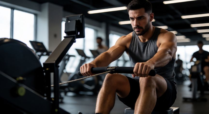que es mejor que correr, Atleta realizando ejercicio de remo en gimnasio moderno con iluminación dramática