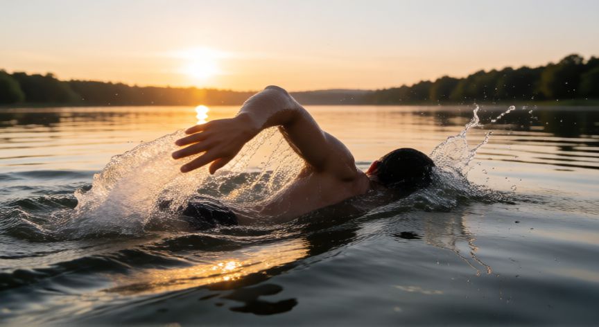 que es mejor que correr, Nadador practicando estilo libre en un lago al amanecer con luz dorada y salpicaduras de agua