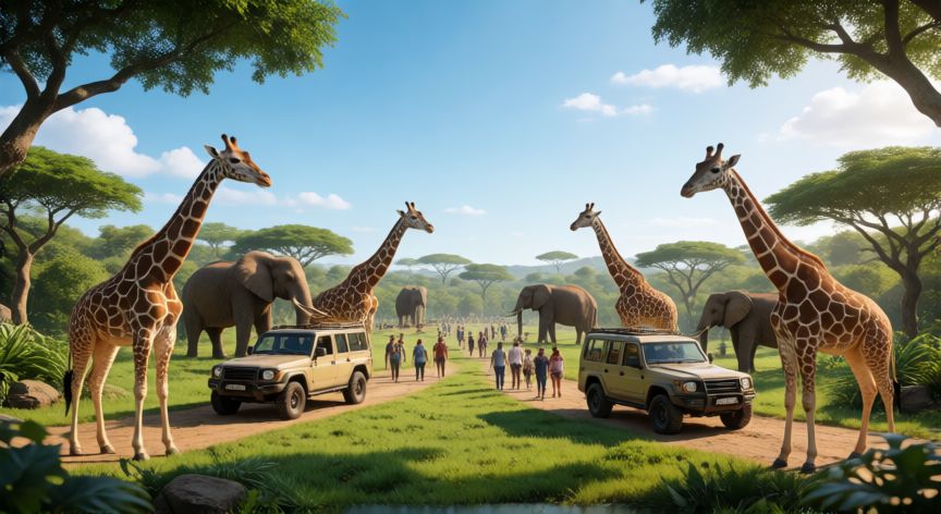que es mejor reino animal o bioparque estrella, Vista general de un gran park animal con safari y familias disfrutando