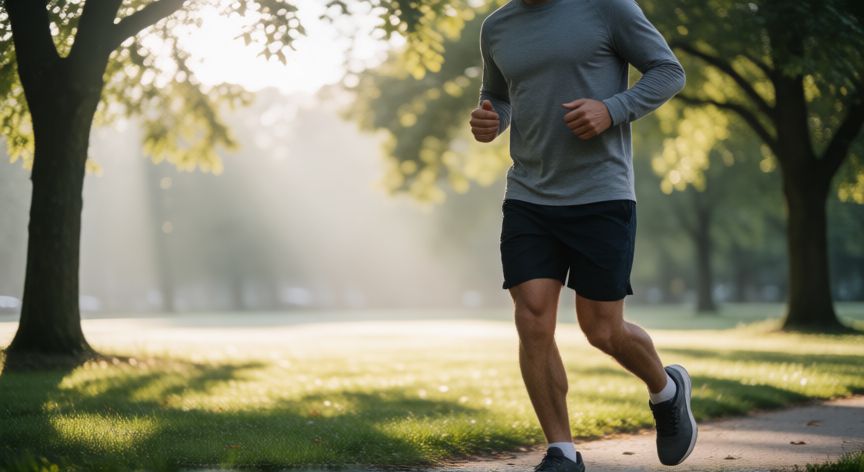 que es mejor trotar o correr rapido, Hombre trotando tranquilamente en un parque al amanecer