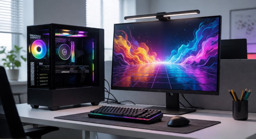 que es mejor un ordenador de sobremesa o un all in one, Ordenador de sobremesa con torre y monitor externo en un escritorio moderno