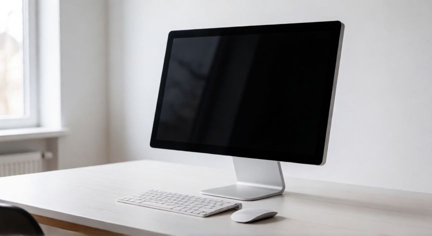 que es mejor un ordenador de sobremesa o un all in one, Ordenador All in One de diseño minimalista sobre un escritorio de madera blanca