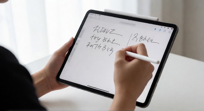 que es mejor un ordenador o un ipad, Persona usando un iPad con lápiz óptico para tomar notas digitales