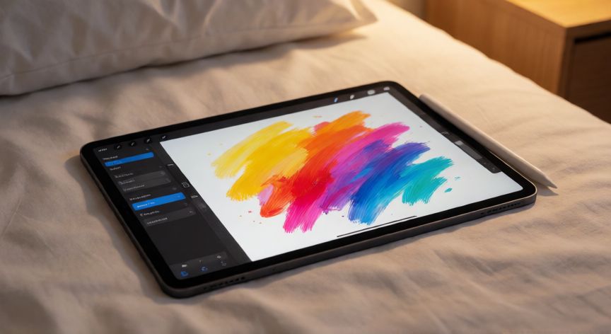 que es mejor un ordenador portatil o una tablet, Tablet digital con un lapiz optico sobre una superficie suave mostrando arte digital