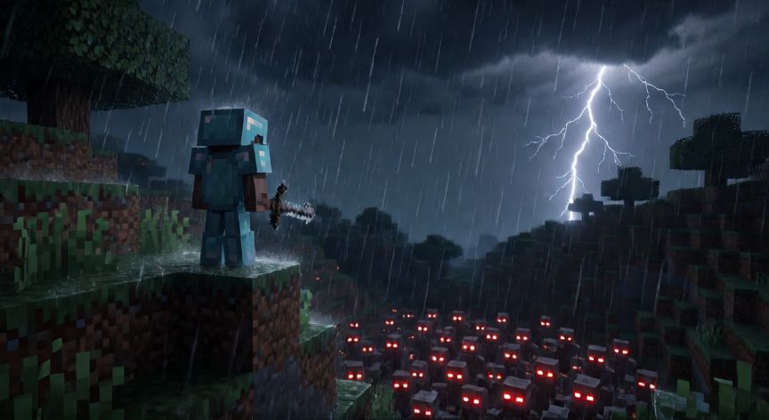 que es minecraft amplificado, Jugador de Minecraft con armadura en un acantilado bajo la lluvia mientras mobs hostiles acechan en el valle