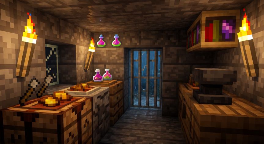 que es minecraft amplificado, Interior de una base segura en Minecraft con herramientas y provisiones mientras afuera ruge la tormenta