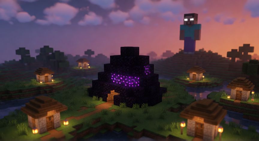 que es minecraft arg, Paisaje de Minecraft al atardecer con estructura de obsidiana misteriosa y figura lejana