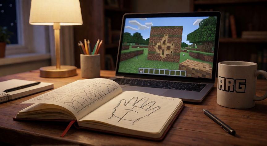 que es minecraft arg, Escritorio nocturno con cuaderno de coordenadas y pantalla de Minecraft analizando pistas