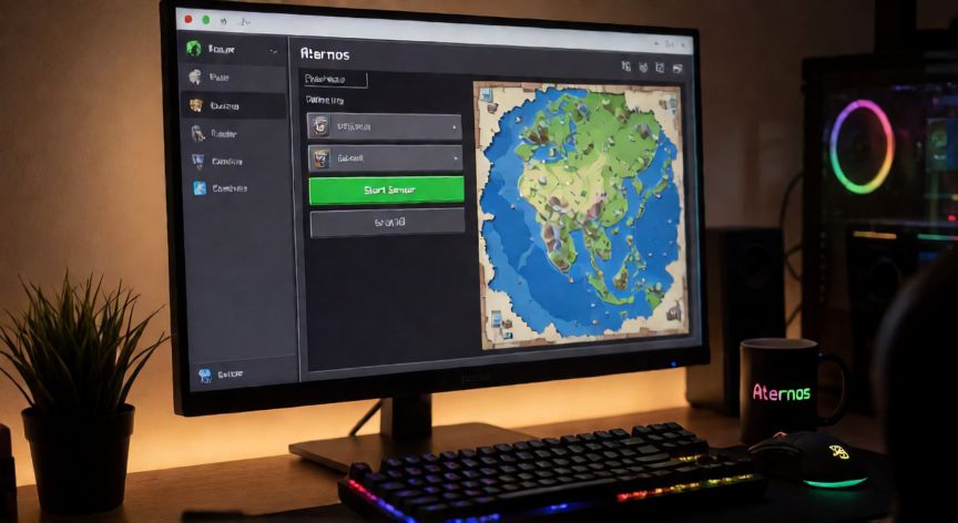 que es minecraft aternos, Panel de control de Aternos en un setup de gaming con iluminación ambiental
