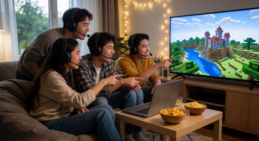 que es minecraft aternos, Grupo de amigos jugando en un servidor de Minecraft a través de Aternos