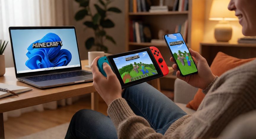 que es minecraft be, Jugador de Minecraft Bedrock Edition usando consola, móvil y PC simultáneamente en un salón