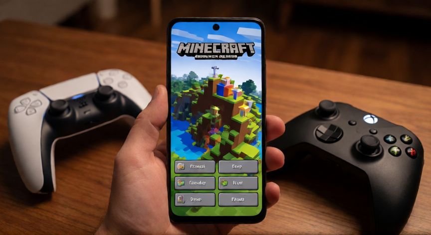 que es minecraft be, Teléfono móvil, PlayStation 5 y mando de Xbox junto a la pantalla de selección de mundo de Minecraft BE