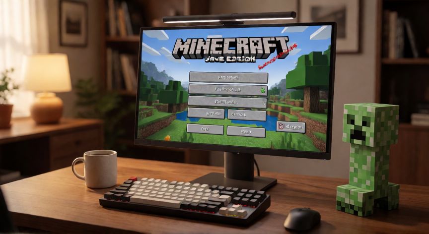 que es minecraft bedrock y java, Mesa de trabajo con monitor mostrando la pantalla principal de Minecraft Java Edition junto a teclado mecánico y figurita de creeper