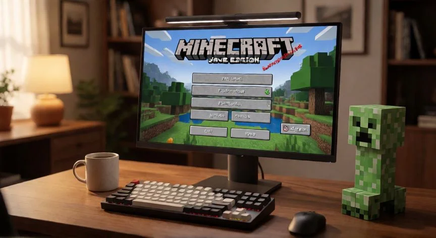 Mesa de trabajo con monitor mostrando la pantalla principal de Minecraft Java Edition junto a teclado mecánico y figurita de creeper