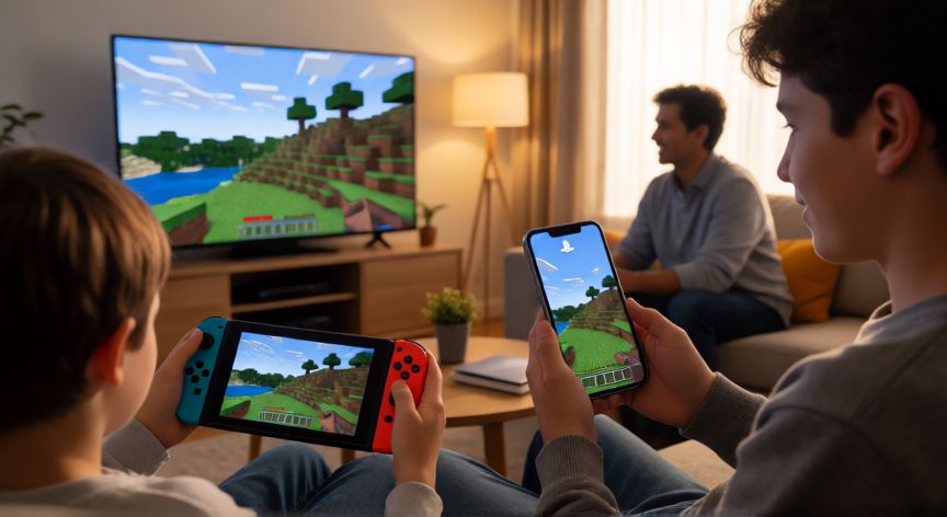 que es minecraft bedrock y java, Familia jugando Minecraft en distintas plataformas (Switch, iPhone y PlayStation) mostrando el cross-play de Bedrock Edition