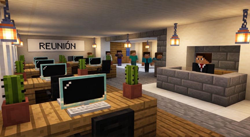 qué es minecraft office, Oficina construida en Minecraft con escritorios de bloques, monitor de cristal y recepción corporativa
