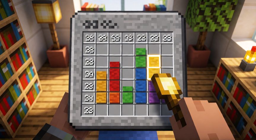 qué es minecraft office, Interfaz de hoja de cálculo dentro de Minecraft con gráfico de barras hecho de bloques de lana de colores