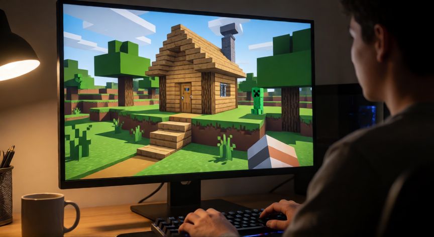 que es minecraft y como funciona, Jugador de Minecraft en su escritorio viendo el mundo de bloques en pantalla