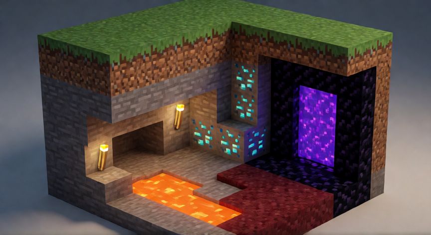 que es minecraft y como funciona, Vista en sección transversal de un mundo voxel tipo Minecraft mostrando capas de terreno, cuevas y portal al Nether