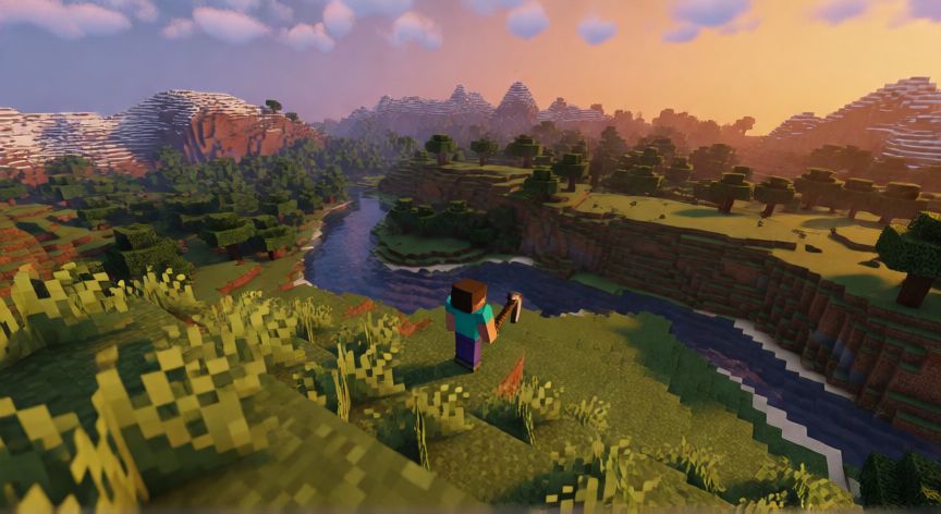que es minecraft y como se juega, Vista panorámica del mundo de Minecraft al atardecer con colinas, bosques y ríos generados proceduralmente