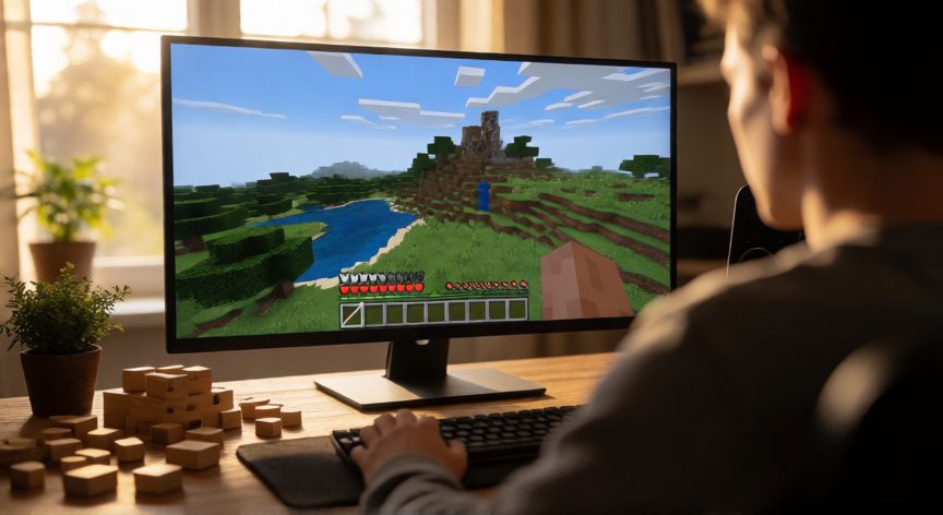 que es minecraft y de que trata, Persona jugando Minecraft en su ordenador con luz de tarde entrando por la ventana