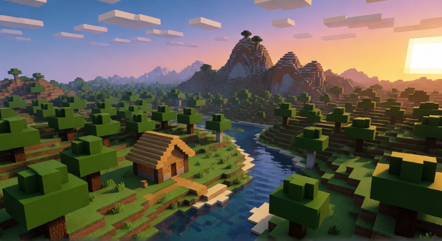 que es minecraft y de que trata, Vista aérea del mundo de Minecraft con paisajes de bloques, casa de madera y montañas al atardecer