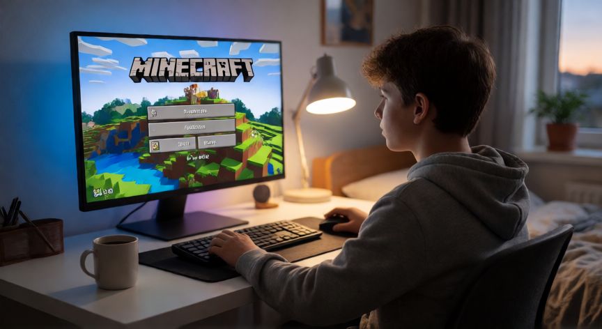 que es minecraft y para que sirve, Persona jugando Minecraft en un ordenador con la pantalla del menú principal visible