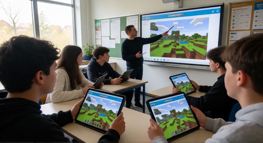 que es minecraft y para que sirve, Estudiantes usando Minecraft Education Edition en un aula con un profesor