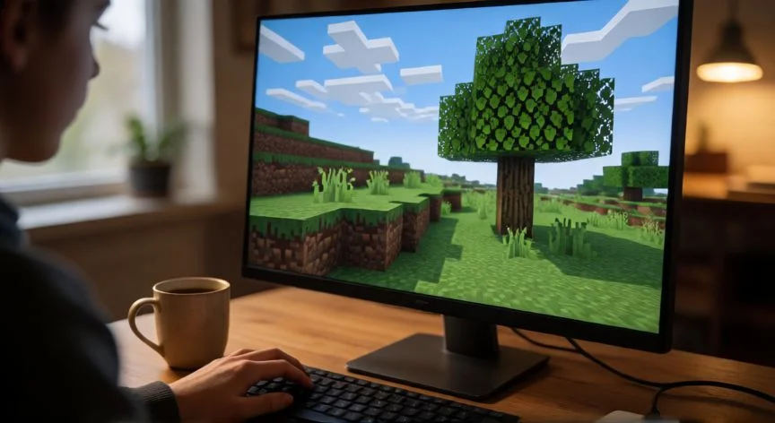 Jugador frente a su ordenador jugando Minecraft