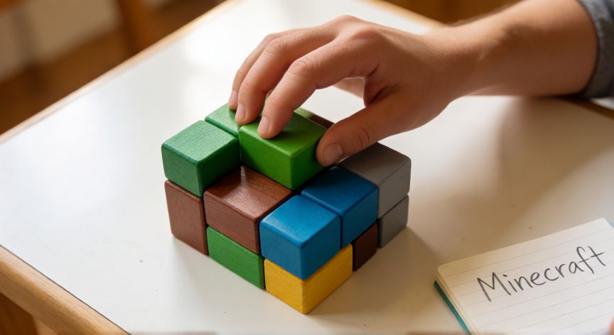 que es minecraft y quien lo creo, Manos construyendo una estructura con bloques tipo Minecraft