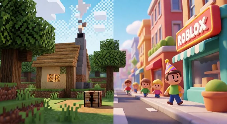 Comparativa visual entre el mundo de bloques de Minecraft y la ciudad colorida de Roblox