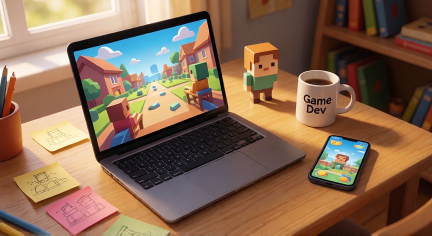 que es minecraft y roblox, Escritorio de un joven jugador y creador con dispositivos mostrando juegos de mundo abierto