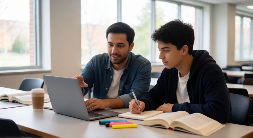 Monitor académico ayudando a un estudiante universitario en la biblioteca