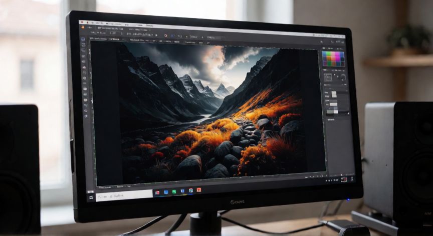 Monitor de imagen profesional en un estudio de colorista mostrando una fotografía detallada