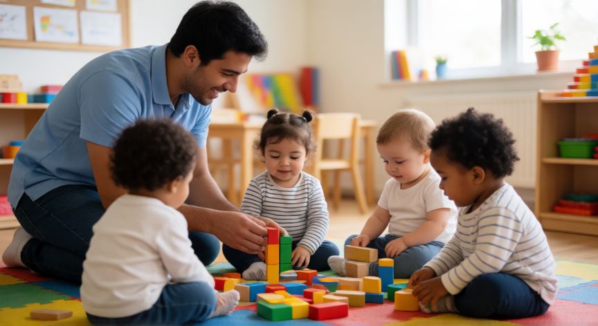Monitor infantil jugando con niños en clase