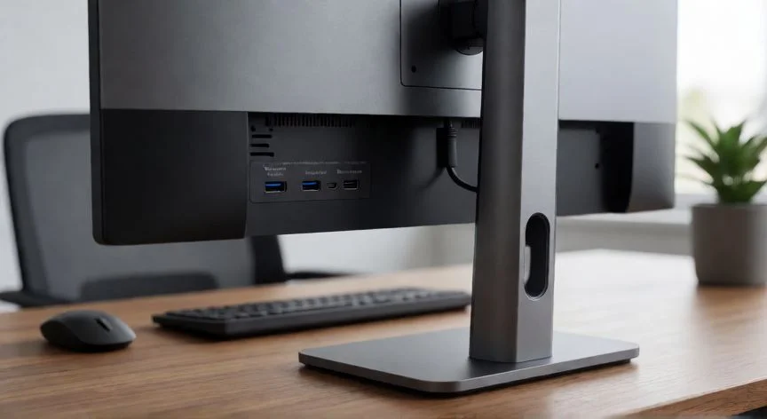 Vista trasera de un monitor de computadora profesional mostrando sus puertos de conexión
