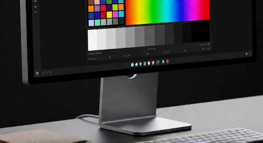 Monitor de ordenador profesional en una mesa de trabajo con interfaz de calibración de color