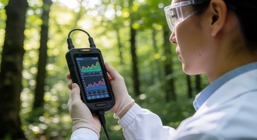Científico realizando mediciones ambientales con equipo digital en un bosque