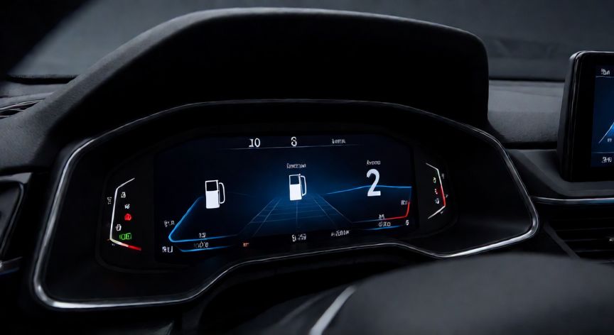 que es ordenador a bordo en un coche, Pantalla digital de un coche mostrando datos de consumo y rendimiento del motor