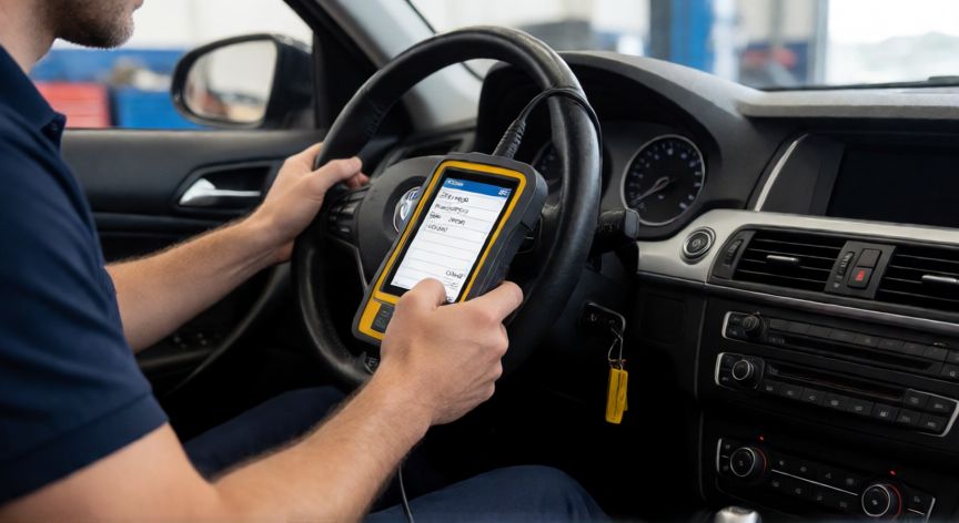 que es ordenador a bordo en un coche, Técnico utilizando un escáner OBD para leer datos del ordenador a bordo del vehículo